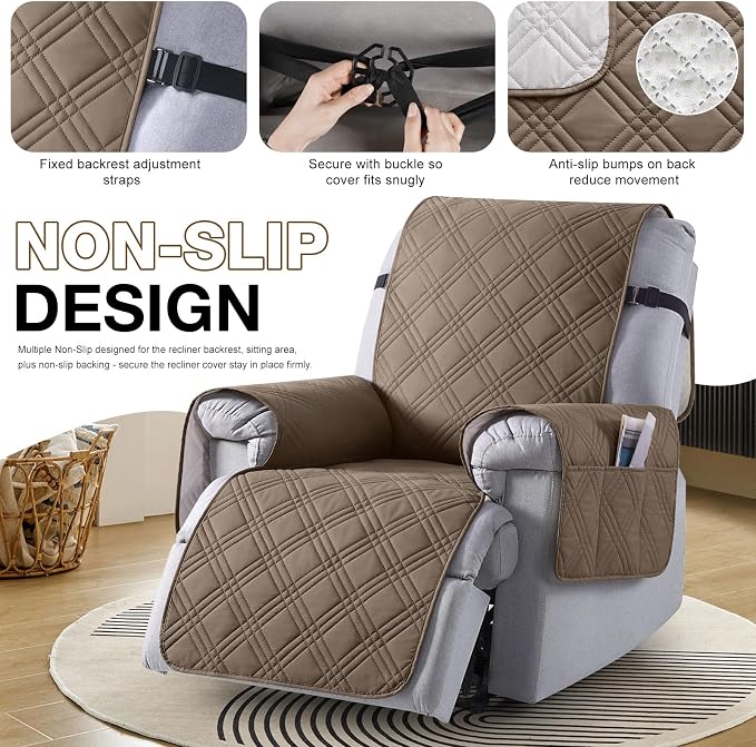 TAOCOCO 100% Waterproof Recliner Chair Covers, Non Slip Recliner Covers for Recliner Chair with Pocket, Washable Reclining Chair Cover Furniture Protector for Kids,Dogs(25'', Taupe) - Image 6