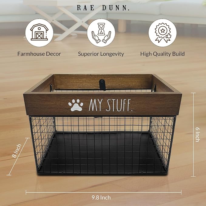 Rae Dunn Pet Toy Basket - Metal & Wood Dog & Cat Toy Storage Bin - Organizer for Leash, Blanket, Treats, Food & Accessories - Container Baskets, 9.75" x 8" x 6" - Image 2