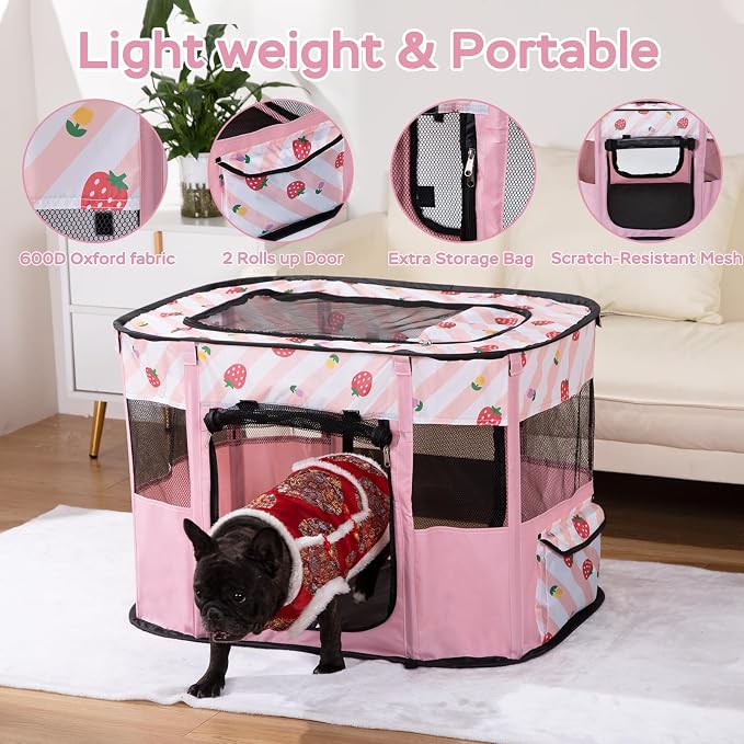 Dog and CAT pop Play Pen,Pets Houses for Dogs and Cats,Indoor&Outdoor Exercise Pen Dog Tent Puppy Playground Large (L, Pink) | Portable Dog Kennel with Upgrade Breathable Mesh，Sturdy Kitten Playpen Indoor & Outdoor for Rabbit or Small Animals，Pink - Image 6