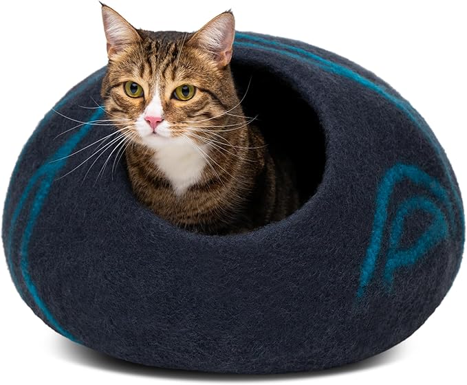 Cat Cave - Merino Wool Bed for Indoor Cats (Back Aqua, Large) | Cat Bed Enclosure, Premium Felt, Handmade, Super Soft, Lightweight, Breathable, Adjustable Shape by MEOWFIA
