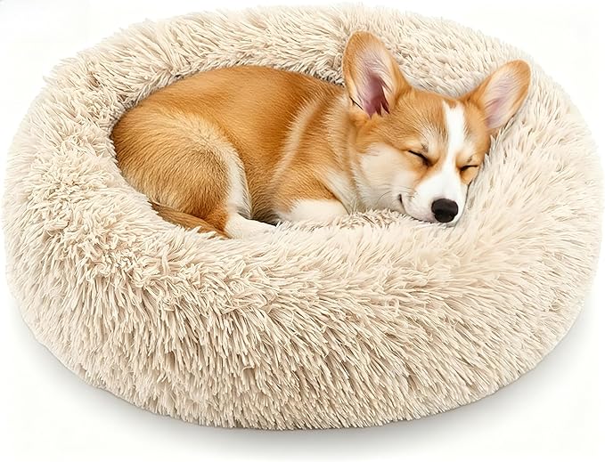 Calming Donut Dog and Cat Bed for Indoor Cats, Anti-Anxiety Round Fluffy Soft Washable Small Pet Bed for Puppy and Kitten, Warming Comfortable Luxury Anti-Slip Waterproof Mute Base 20in Light Brown by Homeuslynn