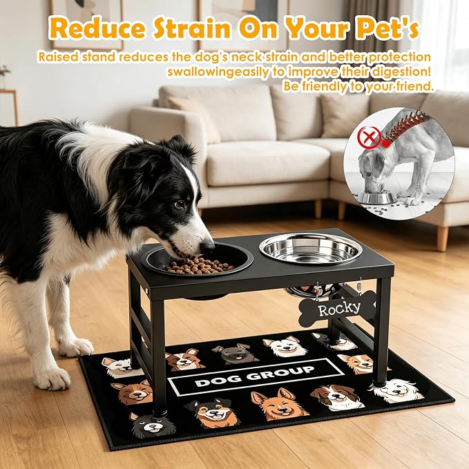 ADENGL 10" Elevated Dog Bowls – Metal Raised Dog Bowl Stand with 2 x 1700ml Stainless Steel Bowls, 1 Slow Feeder & Non-Slip Mat for Dogs - Image 2