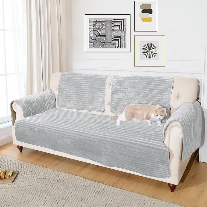 NAISI Couch Covers for Dogs Waterproof Flannel Striped Sofa Cover Pet Friendly Washable Dog Mat for Couch Anti Slip Sectional Sofa Slipcover Protector(1pc/27"x 27",Light Grey) - Image 4