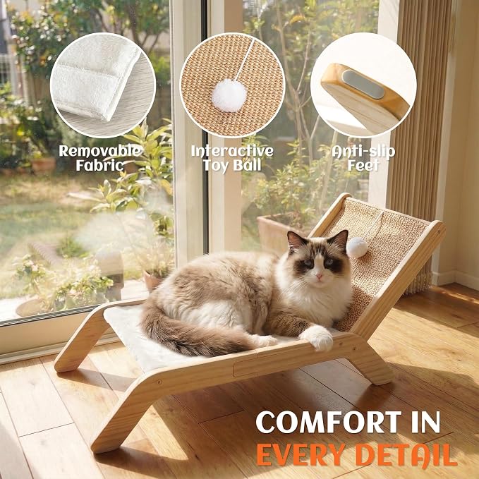 PETKARAY Beach Chair Cat Hammock, Elevated Cat Beds for Indoor Cats, Original Cozy Lounger with Sisal Scratcher and Toy Ball - Image 4