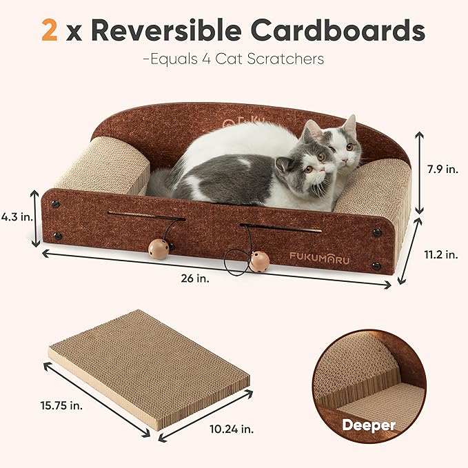 FUKUMARU Large Cat Scratcher Bed, 26 Inch Cat Scratching Bed Sofa Indoor | Cardboard Cat Scratcher with 2 Reversible Scratch Pad Refills, Durable Large Cat Scratching Lounger with Ball Toy, Caramel - Image 6