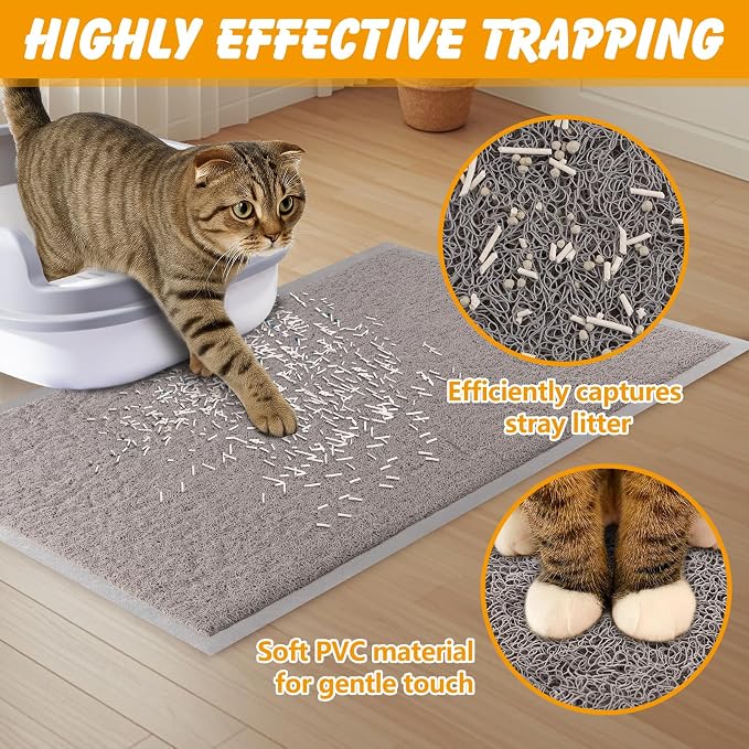 ondware Cat Litter Mat 35.5 x 23.6 in, Waterproof Non-Slip, Gray | Traps scattered litter, soft PVC on paws, washable, easy rinse clean, stable anti-slip base - Image 4
