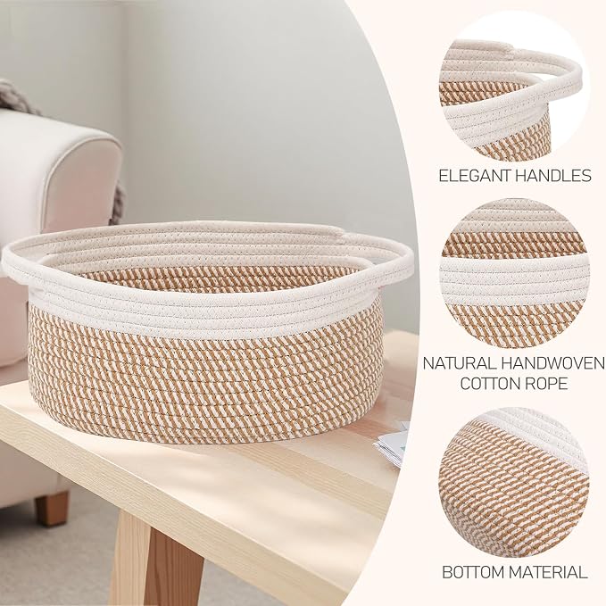 JMvicyroam Small Woven Basket, Empty Gift Basket, White&Brown Block/1 Pack | Small Gift Basket, Cotton Rope, 12 x 8 x 84 in, Handles, Includes Ribbon and Bag, Birthday Gift Basket - Image 3