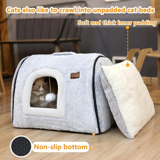 cat Bed cave-cat beds for Indoor Cats,Soft and Comfortable Cute Pet Bed，cat House,with Removable Washable Cushioned Pillow,Enclosed cat Bed,Kitty pet hut、Hideaway,Small Large Dog Tent (Grey) - Image 6