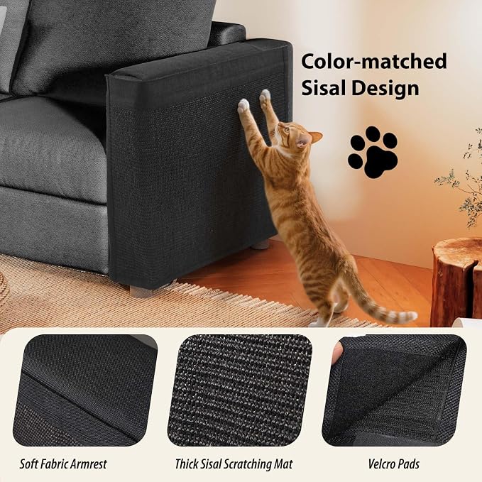 Couch Protector from Cat Claws - Cat Scratch Sofa Protector Universal Fit on Both Arm Sides with Black Sisal Pad for Leather and Fabric Sofa,27.5 * 19.7 inch Expanded Coverage Sisal Area(Black) - Image 4