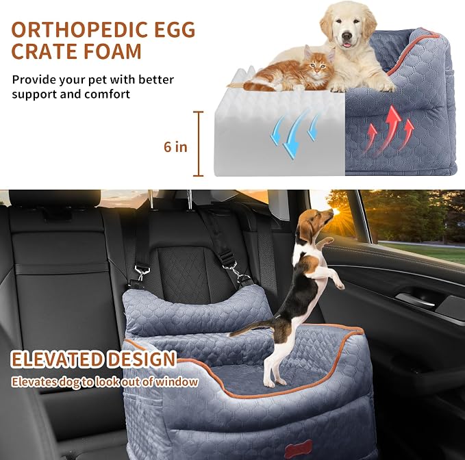 Dog Car Seat for Small Dogs Up to 25 lbs with 6-Inch Memory Foam Cushion | Elevated Booster Seat with Safety Belts, Storage Pockets and Removable Washable Cover for Front or Back Seats, Grey - Image 2
