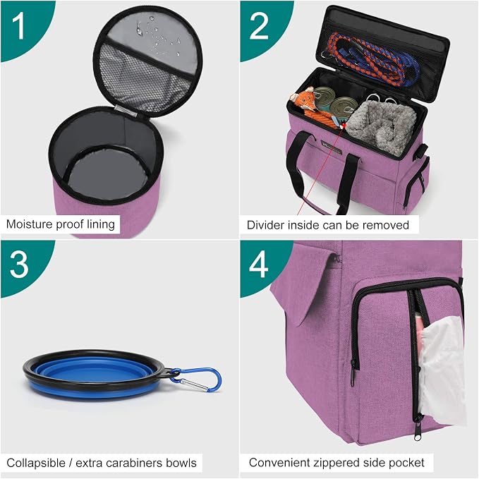 Modoker Weekend Dog Travel Bag Set with 2 Food Bags, 2 Bowls and Mat,Pink | Dog Travel Accessories Organizer for Camping and Road Trips with Roomy Storage, Multiple Pockets and Water-Resistant Oxford - Image 4