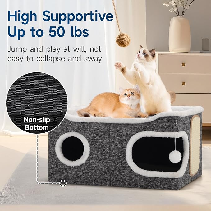 Shikha Extra Large Cat House Bed for Multi Cats with Scratch Pad Grey | 24 x 17.7 x 12.6 IN Widen Cat Cave Cube for Multi Pets, Foldable, Arc-Edge Design, Oval Door, All Seasons Reversible Cushion - Image 4
