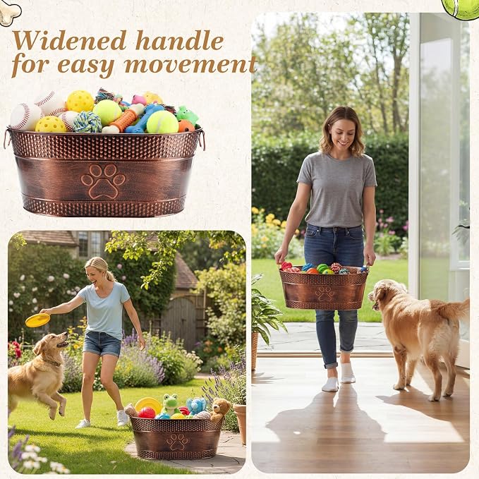 Zonon Metal Dog Toy Storage Bin with Handles 21 Quart Vintage Decorative Basket for Dog Ropes Food Living Room Decor, Galvanized Steel Pet Toy Organizer, 18x11.5x7.5 Inch (Dog's Paw) - Image 5