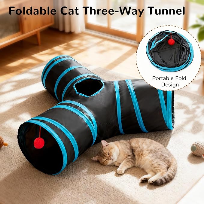 Tempcore Cat Tunnel for Indoor Cats, 3 Way Collapsible Pet Play Tunnel with Teaser Wand, Peek Holes & Hanging Ball, Interactive Tube for Kittens & Rabbits, Black & Blue Medium - Image 4
