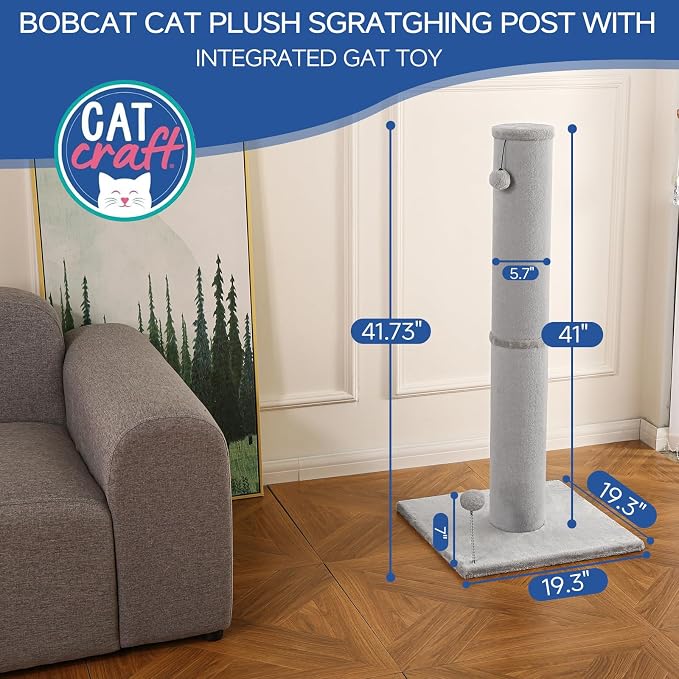 Cat Craft 41" Tall Cat Scratching Post for Large Cats, Light Grey | Short Plush Fabric, Stable Wide Base, Replaceable Hanging Ball, Full Stretch Design - Image 2