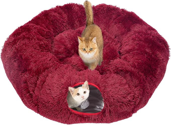 Avont Cat Tunnel Bed, Washable Cushion, Large 3-in-1 Play Tube for Cats | Play, Rest & Snuggle | Spacious for Big Cats | Durable Toggle Design | Removable Washable Cushion | Red by Avont