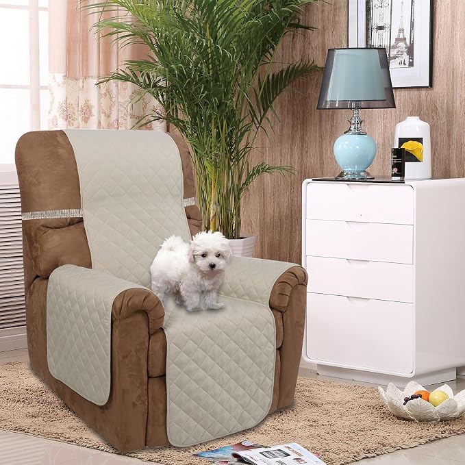 U-NICE HOME Reversible 23''Recliner Small Chair Cover, Beige/Beige | Recliner Cover for dogs Washable, Pet Friendly, Elastic Straps, Water Repellent, Diamond Quilted - Image 2