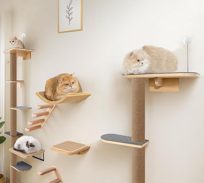 Floor to Ceiling Cat Tree for Kittens, 5-Tier Wall Mounted Cat Wall Shelves with Grey Felt Pads, Adjustable Wild Simulation Cat Tower, Natural Pine Wood Platforms for Climb, Scratch and Lookout - Image 8
