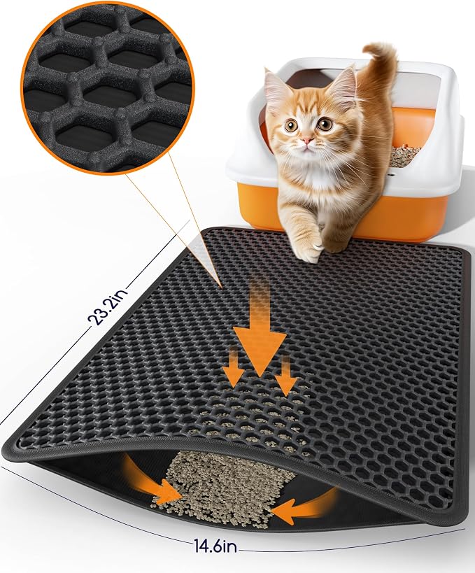 Powools Cat Litter Mat, Double-Layer, 23.2 x 14.6 in, Urine-Proof, Black | Non-Slip Litter Trapping Mat, Easy to Clean, Kitty Litter Mats for Floor, Scatter Control, Waterproof Litter Box Mat for Cats - Image 2