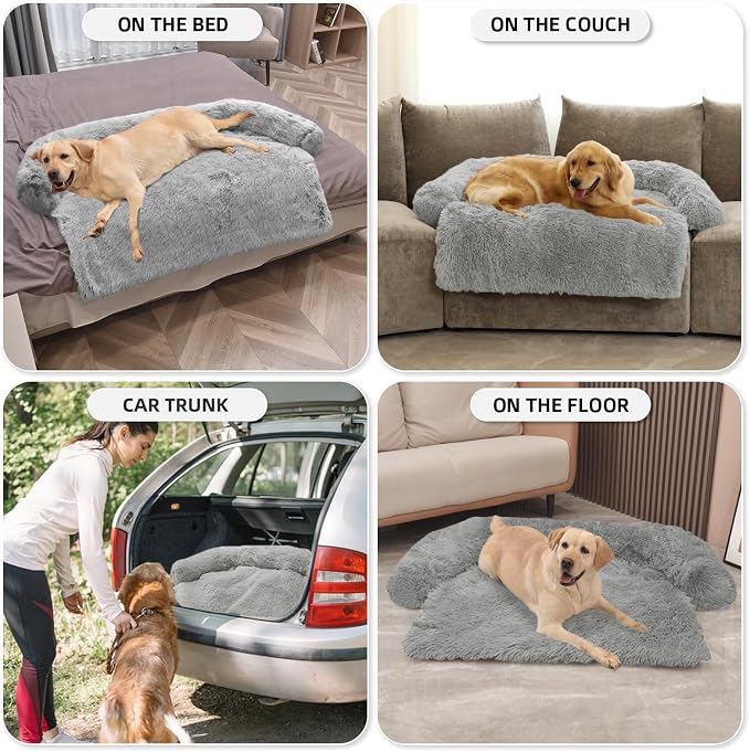 GGIB Calming Dog Bed Fluffy Plush Dog Mat for Furniture Protector with Removable Washable Cover for Large Medium Small Dogs and Cats (Extra Large (53x39.3x6), Grey) - Image 6