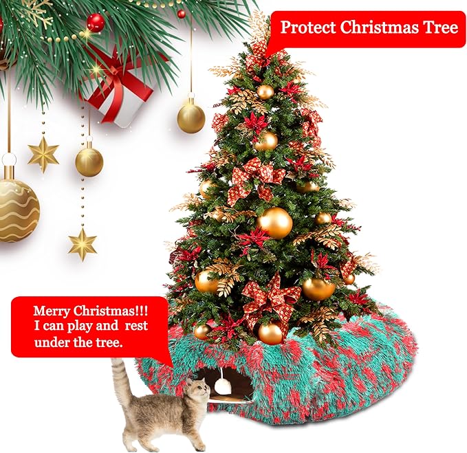 Warm Fluffy Plush Cat Tunnel Bed Under Christmas Tree Big Tube Playground Toys 3 FT Diameter Longer Crinkle Collapsible 3 Way, for Indoor Cat Kitty Kitten Puppy Rabbit Ferret Green-Red - Image 2