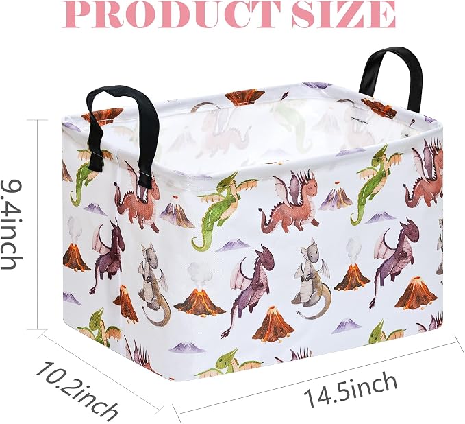 Round Laundry Basket Gragon Nursery Hamper Storage Bins Dinosaur room Decor | Waterproof Canvas Collapsible Storage Basket With Sturdy Handles Multi-scene Organizer Dinosaur For Play Bedroom Decor Gift - Image 2