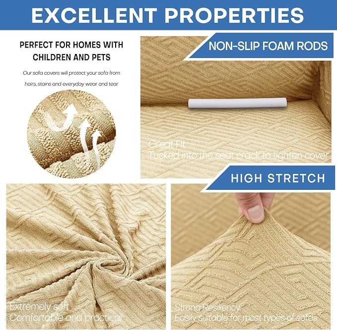 XINEAGE Stretch Jacquard XL Sofa Cover, Non Slip Sofa Slipcover for Dog | High-Stretch Fabric. Wear-Resistant, Pet Friendly. Easy Install & Washable for Living Rooms, Offices.Beige - Image 5