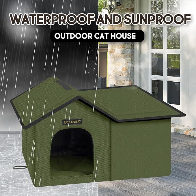 Outdoor Cat House for Feral Cats,Weatherproof & Insulated | Self-warming & waterproof insulated, with mat and canopy, sturdy support, easy assembly, winter shelter for feral cats, green - Image 2