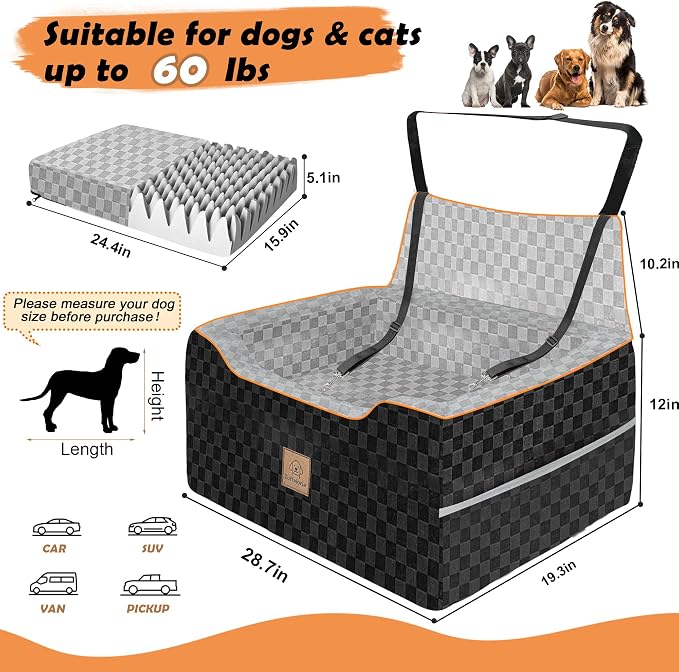 Large Dog Car Seat for Back Seat – Removable Dog Booster Seat & Washable Pet Car Seat for Medium & 2 Small Dogs up to 60lbs – Safety Straps & Storage Pocket – Travel & Home Use (Gray/Black) - Image 2