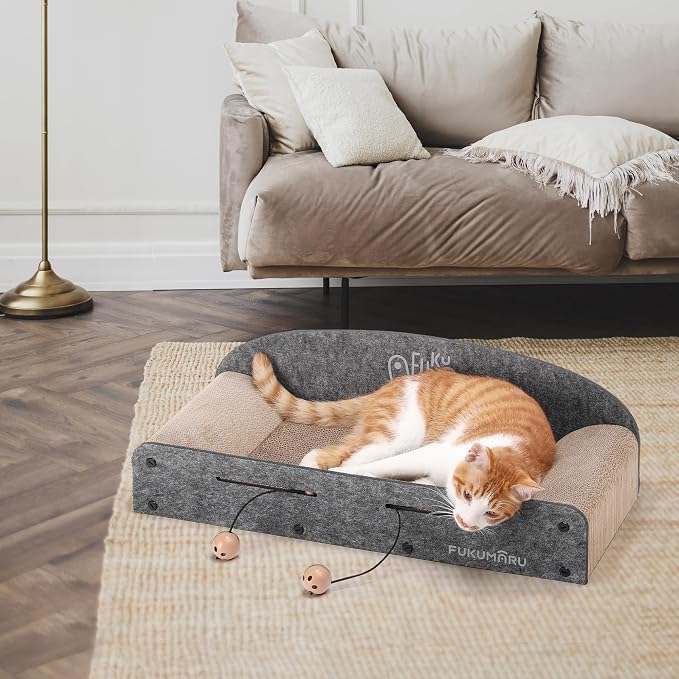 FUKUMARU Large Cat Scratcher Bed, 26 Inch Cat Scratching Bed Sofa Indoor | Cardboard Cat Scratcher with 2 Reversible Scratch Pad Refills, Durable Large Cat Scratching Lounger with Ball Toy, Grey - Image 9