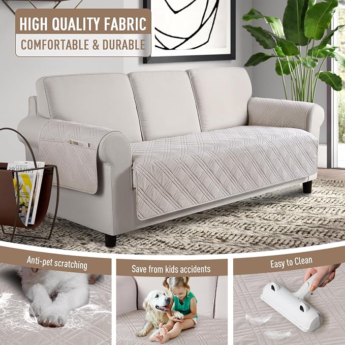 TAOCOCO Waterproof Couch Covers for Dogs, Non Slip Pet Sofa Cover, 3 Seater | Washable Couch Seat Covers with Arms for 3 Cushion Couch, Dog Couch Cover Protector, Pockets & Backless Design, Cream - Image 4