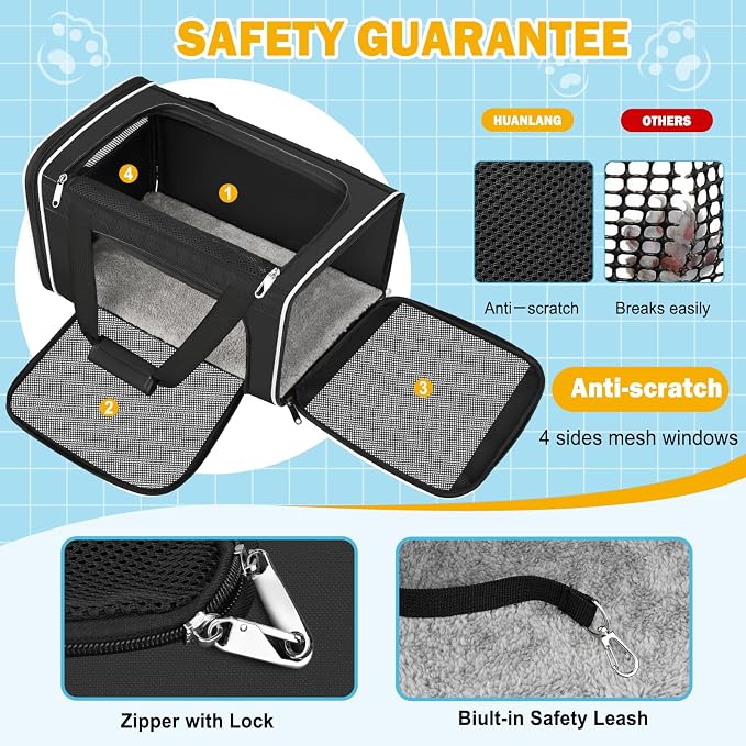 HUANLANG Large Cat Carrier Soft Sided Travel Pet Carrier Airline Approved | Dog Carriers for Small Dogs Medium Cats,Collapsible,3 Storage,zipper lock,Reflective strips,Luggage Strap,Up to 15 Lbs, Black - Image 4