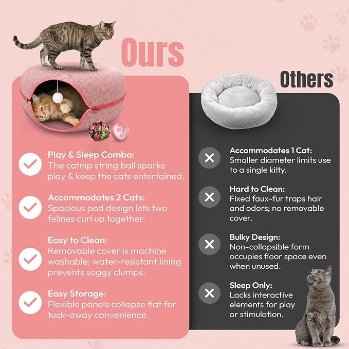 Okoco Cat Tunnel Bed for Indoor Cats Large, 24" Peekaboo Cat Cave Donut Bed for Pets up to 45lbs, 2-in-1 Round Tube with Hanging Ball Toy & Removable Machine Washable Parts (Pink) - Image 4