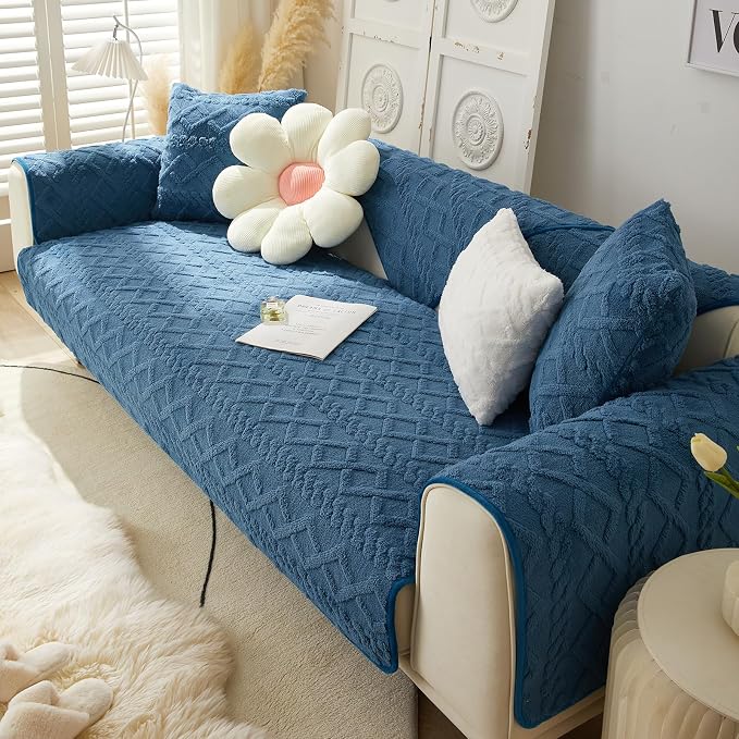 vctops Geometric Jacquard Plush Sofa Couch Covers Farmhouse Neutral Non Slip Sectional Couch Cover Soft Warm Sofa Slipcover for Dogs, Children, Pets Furniture Protector (Dark Blue B,43"x82") - Image 5