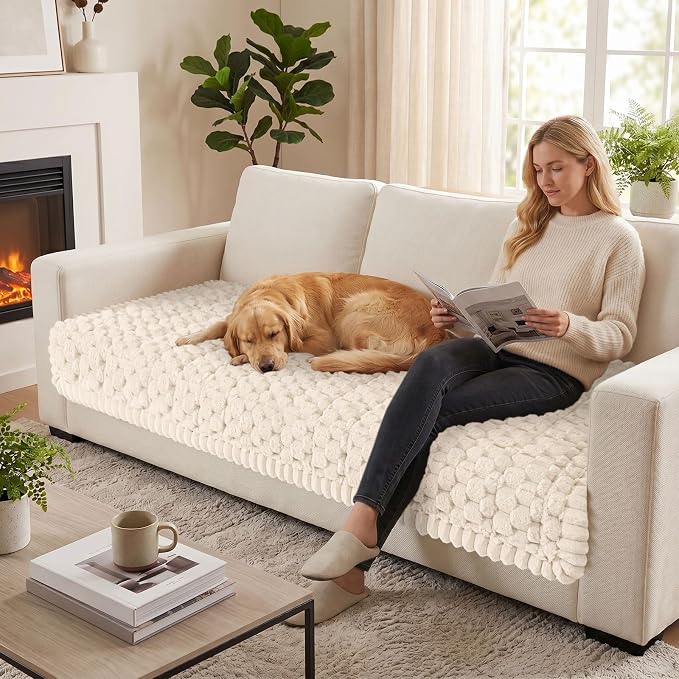 Smiry Non Slip Couch Covers for Dogs, Scratch Resistant Pet Sofa Protector | Machine Washable Soft Fuzzy Thick Furniture Cover for Sofa Loveseat Sectional Large Dogs, Cream, 35.4" x 95" - Image 5