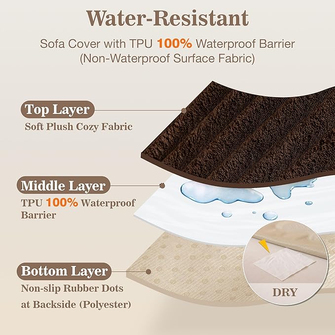 MYSKY HOME 100% Waterproof Couch Cover, Couch Covers for Dogs Washable, Non Slip Couch Covers for 3 Cushion Sofa Pet Friendly, Sofa Covers Furniture Protector, Dog Bed Cover, Chocolate, 35"x82.7" - Image 3