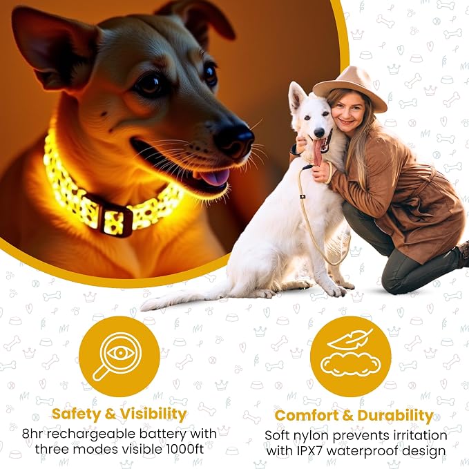 Leopard Dog Collar - Glow in the Dark USB Collar with Rechargeable Battery + Waterproof Design - Light Up Dog Collar - Yellow (Medium Size) - Image 2