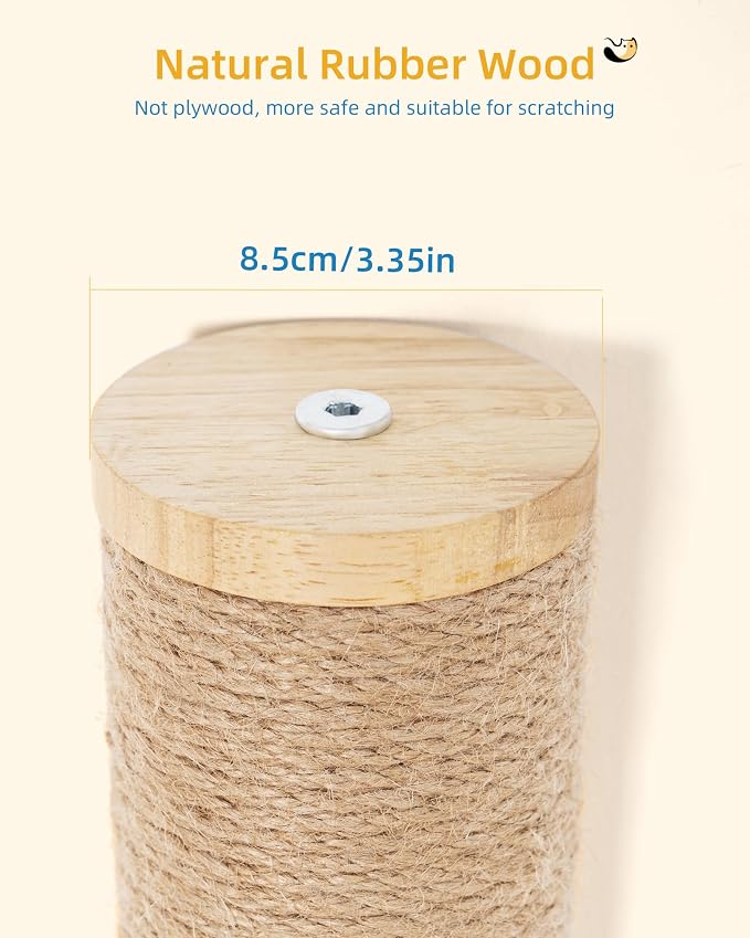 Aechonow 68" Wall Mounted Cat Scratcher,2Pcs of 34in Sisal Scratching Posts | Wood Cat Wall Scratcher,Cat Wall Furniture for Indoor Cats,Cat Wall Climber, Natural Sisal,Tall & Sturdy Corner Climbing Pole - Image 6