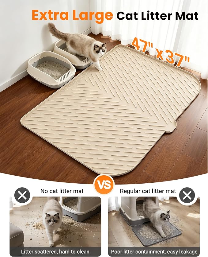 Cat Litter Mat, 47"x37" Extra Large Litter Box Mat, Silicone Mat, Beige | Waterproof Litter Trapping Mat for Scatter Control, Soft on Cat Paws Non-Slip Easy to Clean - Image 2