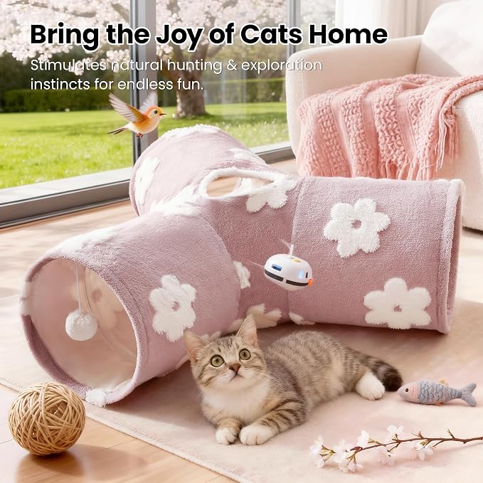 Tempcore Flannel Cat Tunnel for Indoor Cats, 3 Way Collapsible Pet Play Tunnel with Teaser Wand, Peek Holes & Hanging Ball, Interactive Tube for Kittens & Rabbits, Daisy Burlwood - Image 4