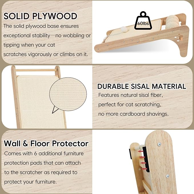 Cat Scratcher for Indoor Cats, Sisal Cat Scratching Board with 3 Sisal Scratch Balls, Solid Wood Cat Scratchers Pad Ramp, L-Shaped Cat Scratching Post - Image 4