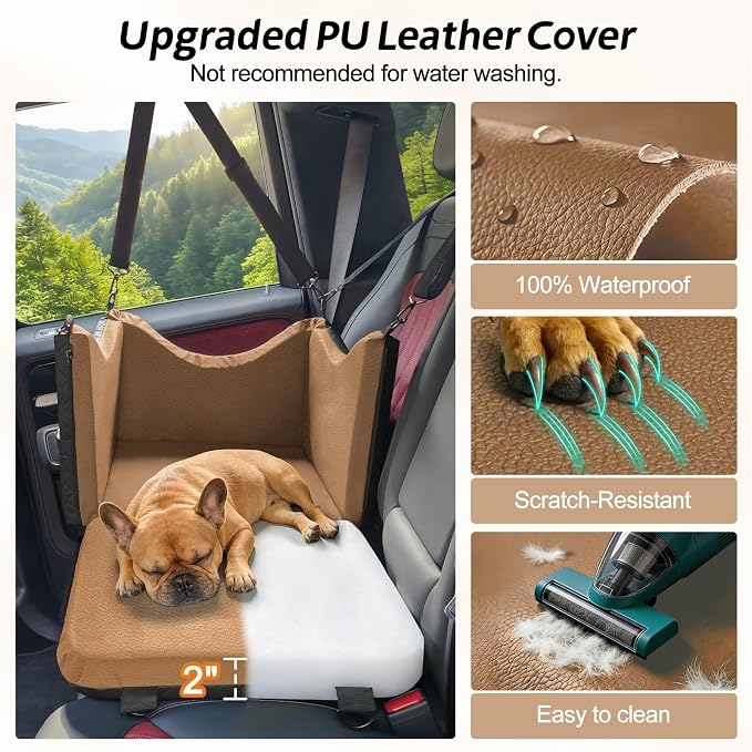 JOEJOY Dog Car Seats for Small Medium Dogs Under 35lbs, Waterproof PU Leather Dog Booster Seat with Detachable Cover, Thickened Memory Foam Pet Car Seat with Safety Belt and Storage Pockets - Image 3