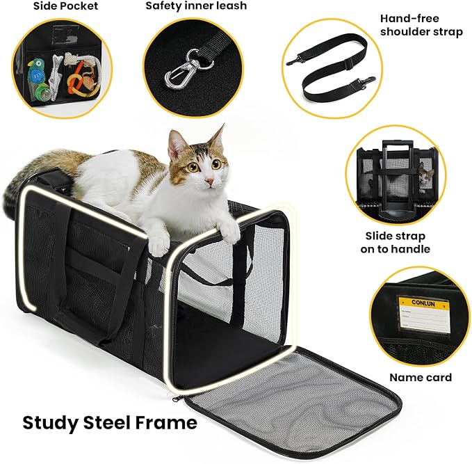 Conlun Cat Carrier Bag,Soft-Sided Pet Carriers for Dogs with 4-Sided Mesh,Airline Approved Cat Transport Carrier for Small&Medium Cats Kitten Puppy Up to 15Lb,Collapsible Cat Travel Carrier-M,Black - Image 4