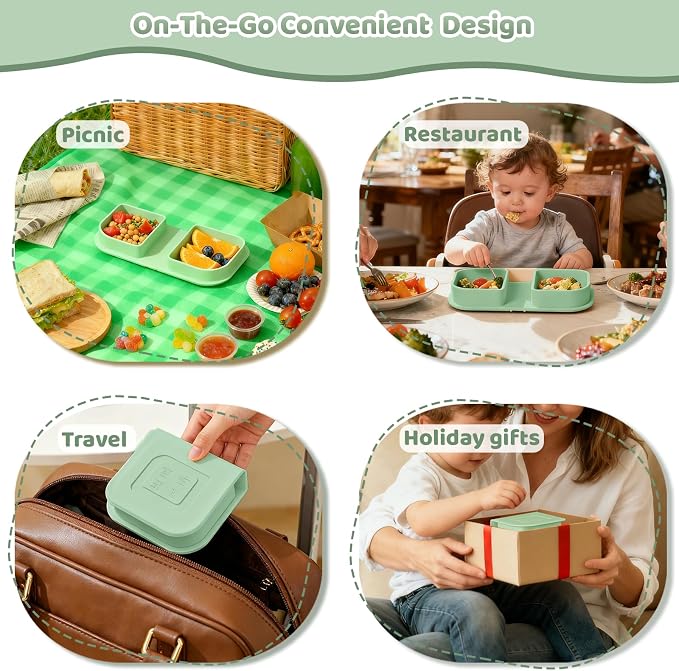 Green Foldable Silicone Baby Feeding Set, Portable Travel Baby Feeding Essentials Including Toddler Plates, Silicone Baby Spoon&Fork, Adjustable Foldable Bib, Portable Infant Toddler Utensils - Image 7