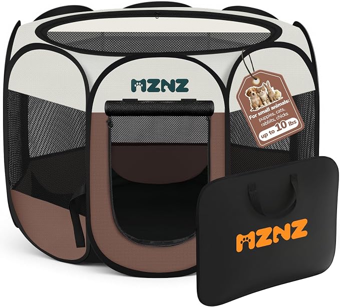 Dog Cat Small Animal Puppy Playpen Crate, Small, Brown | Portable Pop Up Pet Cage Enclosure Tent Kennel Indoor Outdoor with Carrying Case, No Assembly, Camping Use by MZNZ