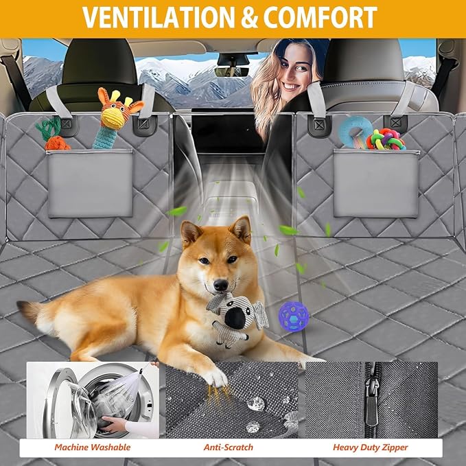 Hard Bottom Dog Car Seat Cover for Back Seat, Backseat Extender | Dog Hammock for for Cars, SUVs, Sedan, Holds 420lbs, Large Space, Sturdy Oxford, Pet Car Bed, Waterproof, Mesh Window, Grey - Image 6