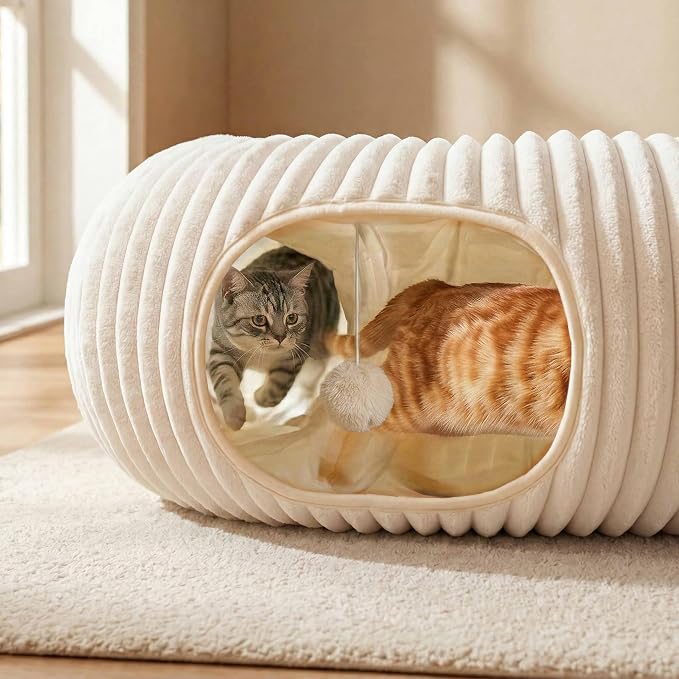 Cat Tunnel Bed with 40 Pcs Interactive Cat Toys, Cat Tube with Kitten Toys for Indoor Kittens, Collapsible Play Tunnel, White - Image 2