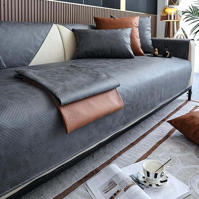 vctops Vintage Leather Look Sofa Cover Water Resistant Non-Slip Sectional Couch Cover Sofa Slipcover for Dogs, Children, Pets Furniture Protector (Grey,43"x82") by vctops