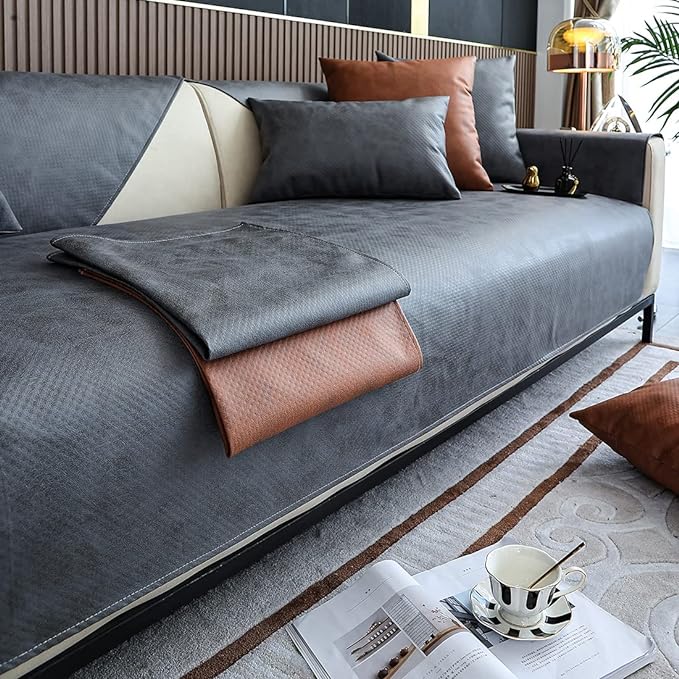 vctops Vintage Leather Look Sofa Cover Water Resistant Non-Slip Sectional Couch Cover Sofa Slipcover for Dogs, Children, Pets Furniture Protector (Grey,43"x70") by vctops