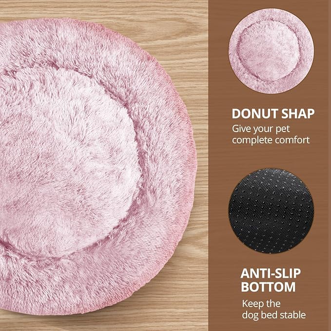 JOLLYVOGUE Calming Dog Bed Medium Size Dog, 31in Donut Washable Medium Pet Bed, Anti-Slip & Anti-Anxiety Fluffy Faux Fur Round Dogs Bed, Fits up to 45 lbs Pets (Smoke Pink) - Image 3